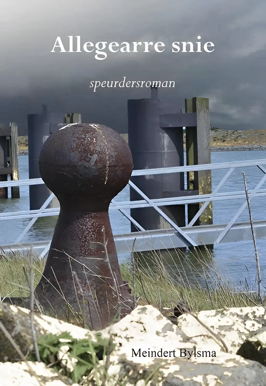 Rusty metalen bollard met donkere bruine patina en conische basis in allegrearre snie speurdersroman product
