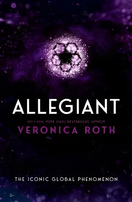 De boekomslag van allegiant van veronica roth toont een gloeiend hexagonaal patroon in paarse en witte tinten tegen een donkere kosmische achtergrond