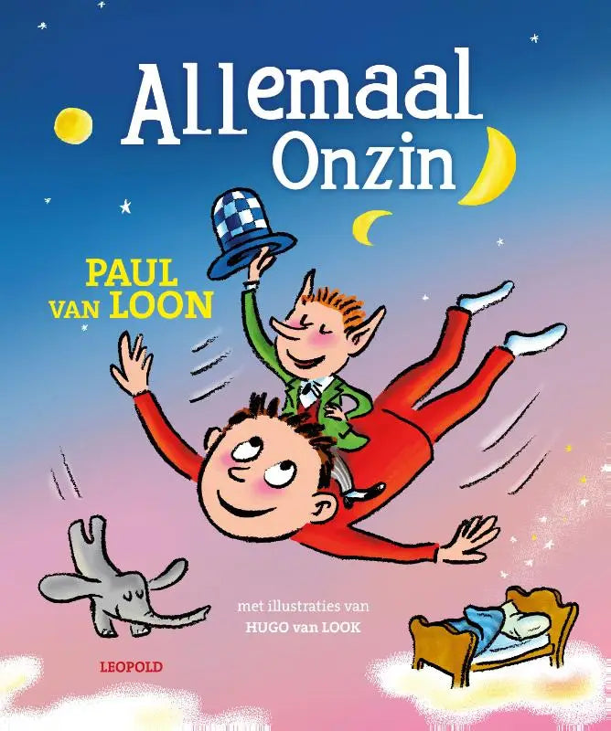 De cover van het kinderboek allemaal onzin van paul van loon met twee cartoonfiguren zwevend in een sterrennacht voor jonge lezers