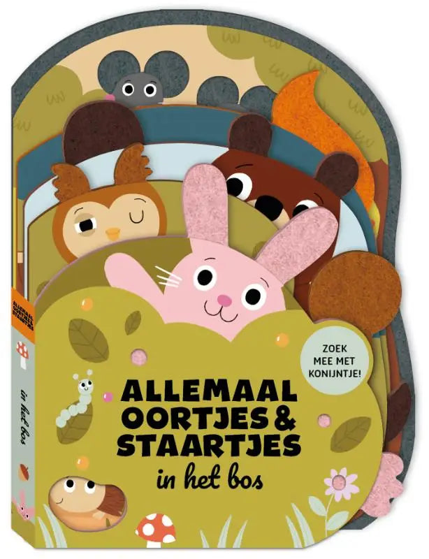 Een zacht en kleurrijk vouwenboek allemaal oortjes met een roze konijn en bosdieren zoek mee met konijntje