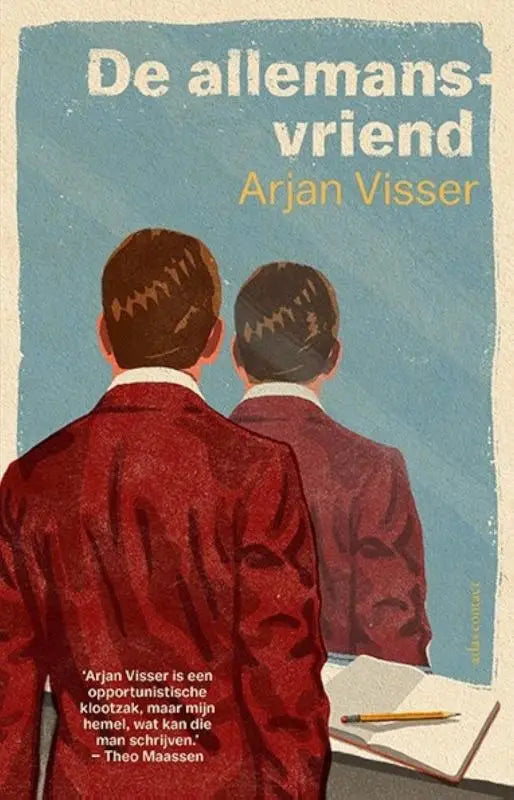De cover van de roman de allemansvriend toont twee mannen in rode pakken tegen een blauwe achtergrond gezien van achteren