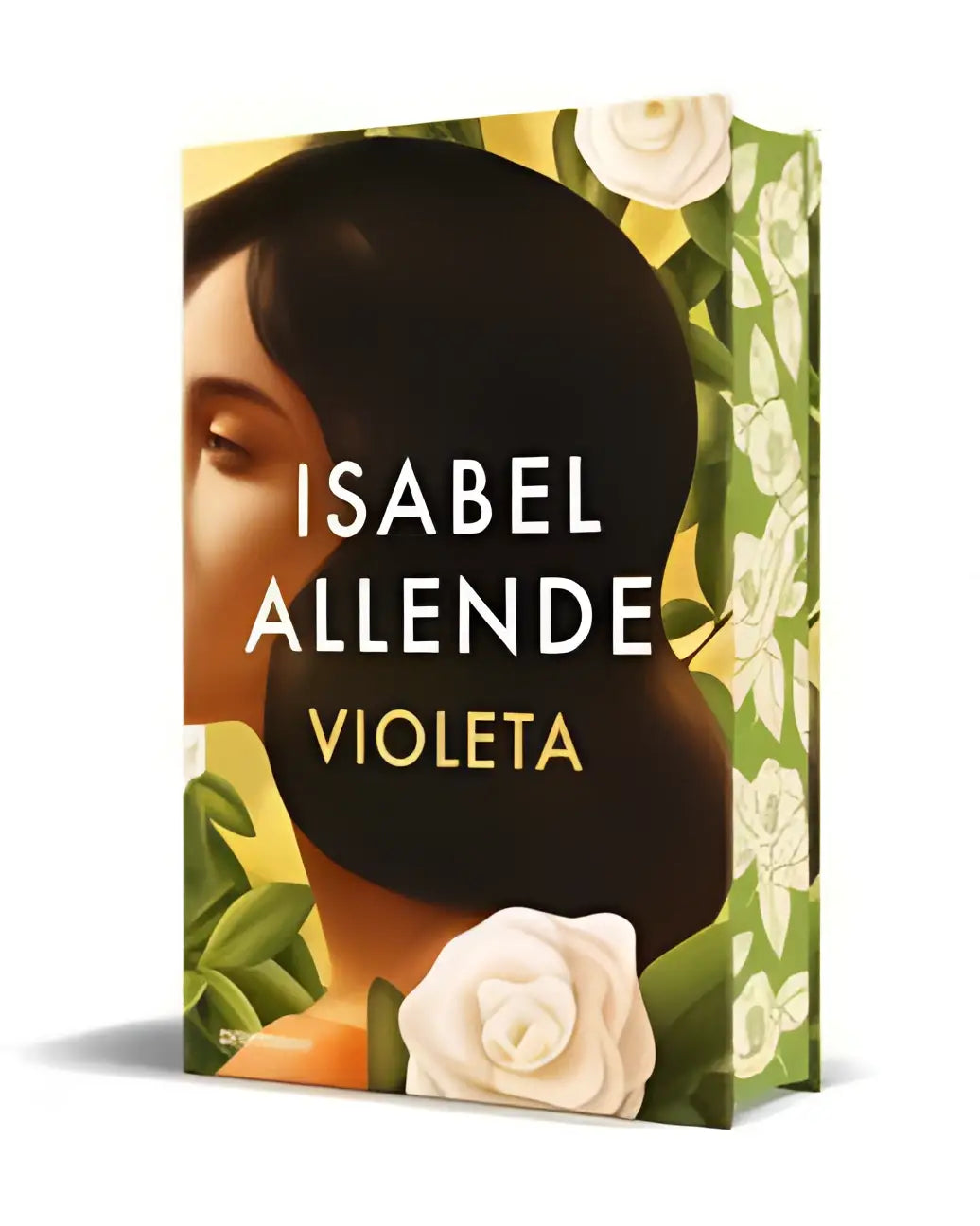 Hardcoverboek violeta editie cantos pintados met zachte illustratie van vrouw en witte rozen tegen groen blad
