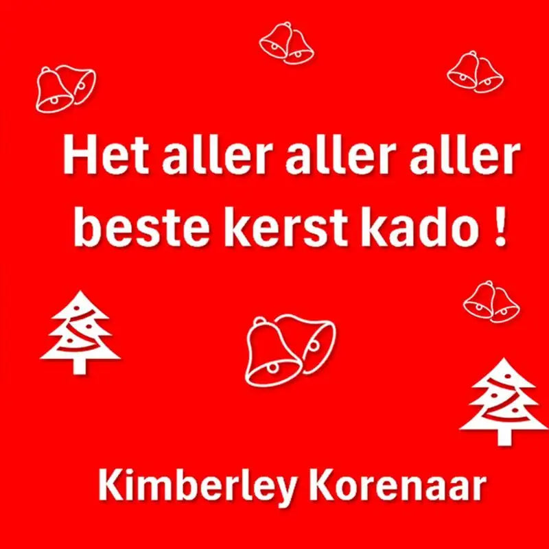 Rood kerstgroetkaart met witte tekst en feestelijke bel en kerstboom icoontjes voor aller aller aller beste kerst kado