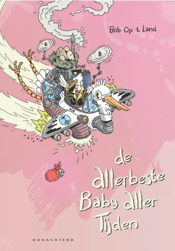 Pink boekomslag van allerbeste baby aller tijden met cartoon ooievaar met mechanische vleugels en robotachtig personage