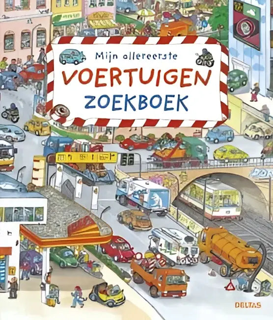 De cover van het allereerste voertuigen zoekboek toont kleurrijke auto’s en vrachtwagens voor jonge lezers