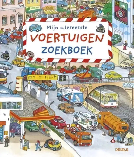 De kleurrijke cover van mijn allereerste voertuigen zoekboek toont diverse auto’s en vrachtwagens in een gedetailleerde illustratie