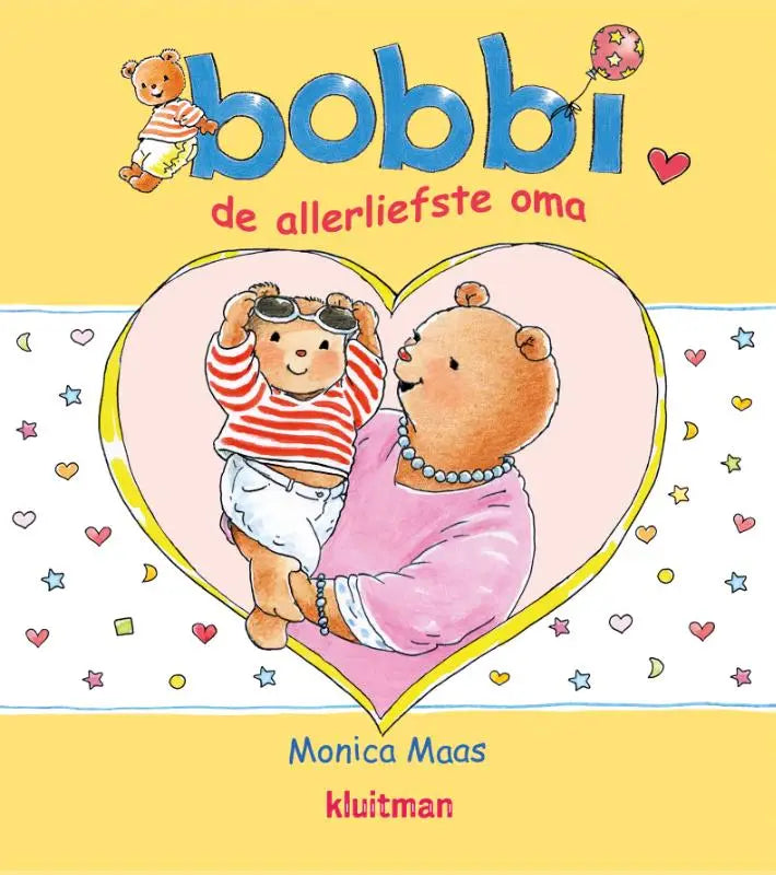De cover van het kinderboek bobbi de allerliefste oma door monica maas toont een hartvormige illustratie met twee pastelkleuren beren voor jonge lezers