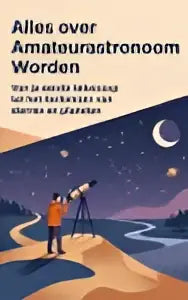 Illustratie van een astronaut op de maan met sterren en planeten voor het boek alles over amateurastronoom worden