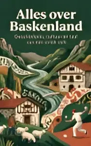 Illustratieve kleurrijke boekcover van alles over baskenland met handgetekende landschappen en gebouwen van het uniek volk