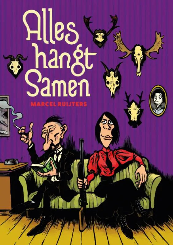 Paarse boekomslag van alles hangt samen met cartoonfiguren en dierenschedels