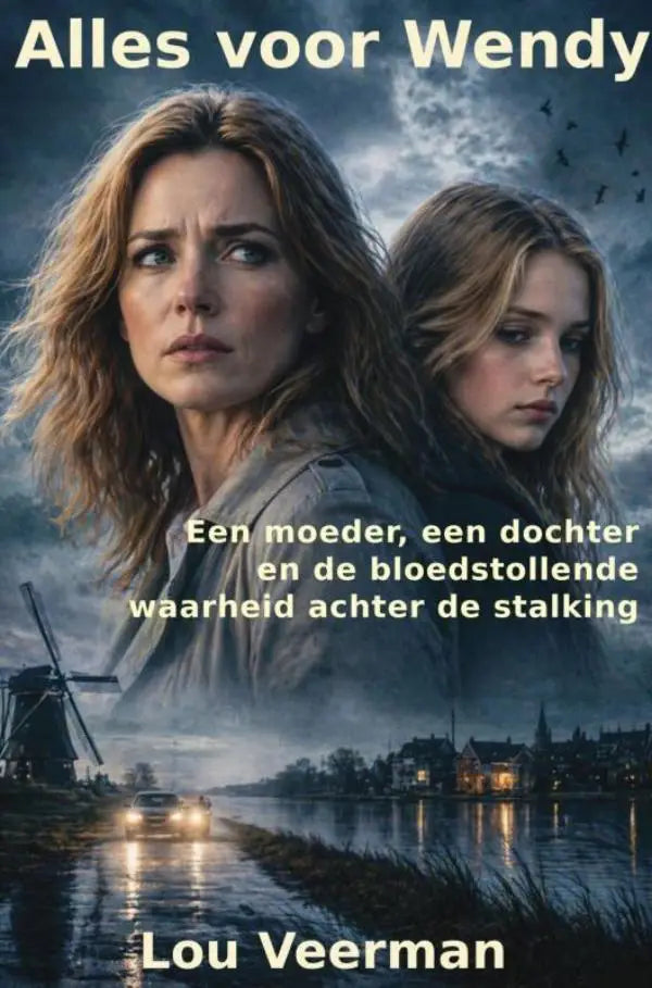 Boekcover van alles voor wendy met moedig ontwerp van moeder en dochter onder donkere lucht die alles wist