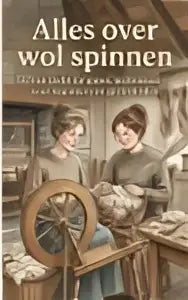 Vintage illustratie van vrouwen die wol spinnen met spinnewielen in sepia voor alles over wol spinnen product