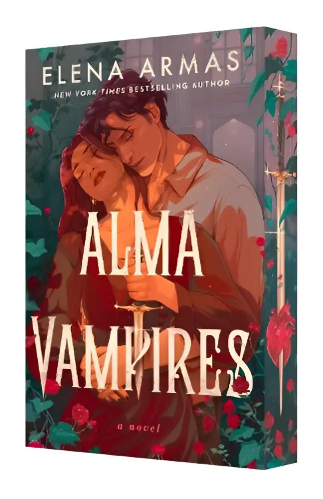 De roman alma vampires van elena armas toont een romantische illustratie van twee karakters tussen rode rozen bij icarus university