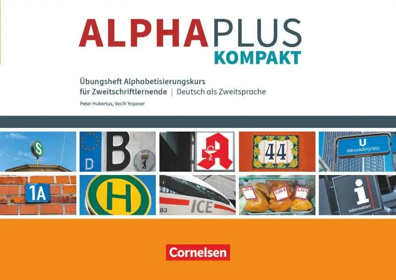 Alphaplus kompaktkurs übungsheft für deutsch als zweite sprache mit bunten buchstaben- und symbolbildern auf schildern