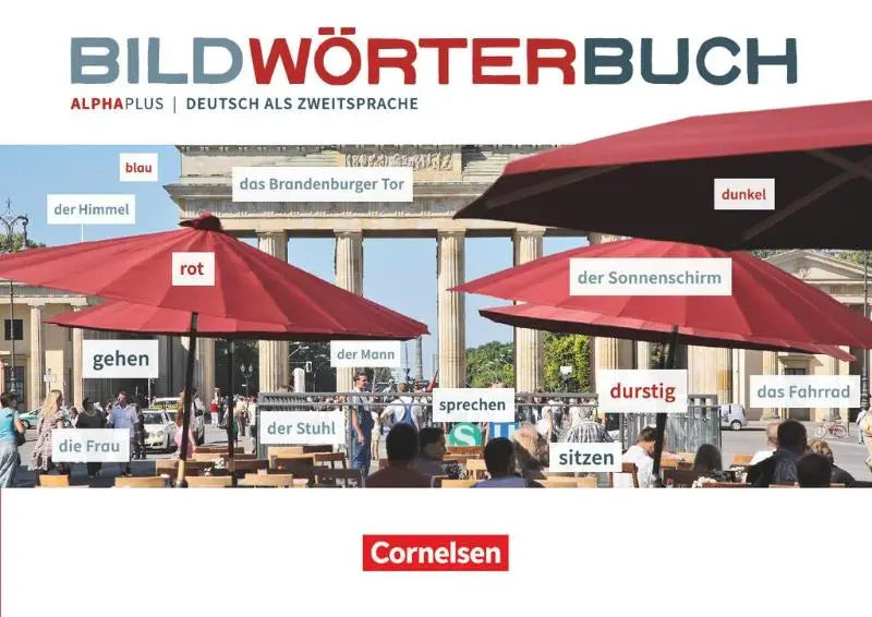 Rode parasols met witte etiketten in een zonnig café voor alpha plus basiskurs bildwörterbuch für erwachsene lernende