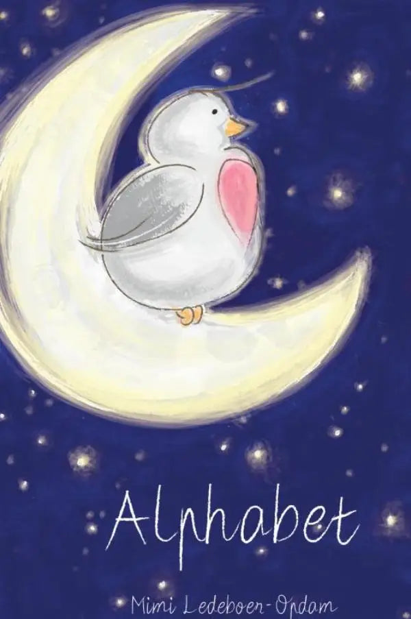 Alphabet product met een wit vogeltje en roze hartvormige vlek op een gele maan voor jonge lezers