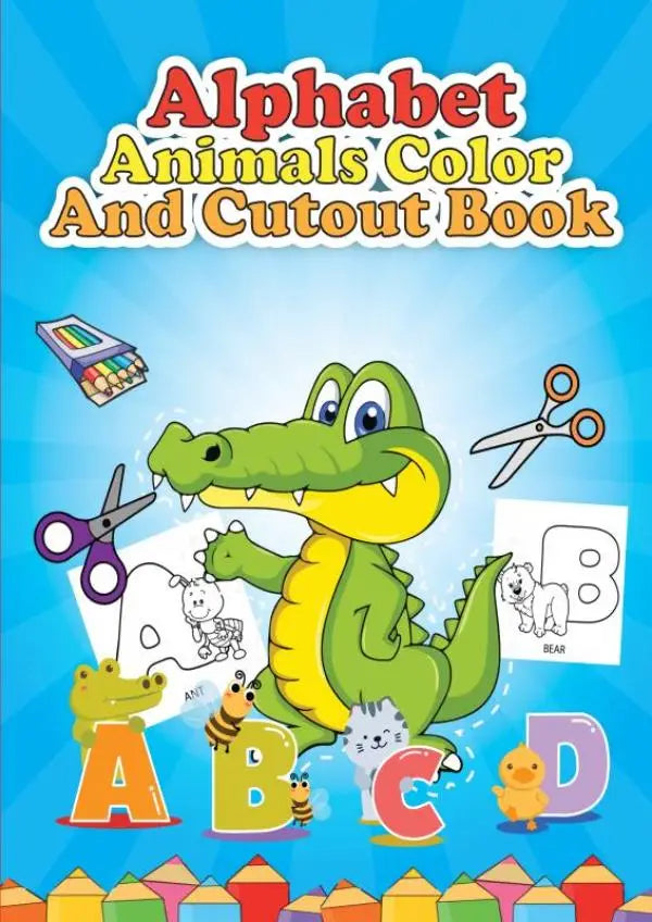Groen en geel cartoonalligator op de voorkant van een alphabet dieren color en cutout leer engels kinderboek