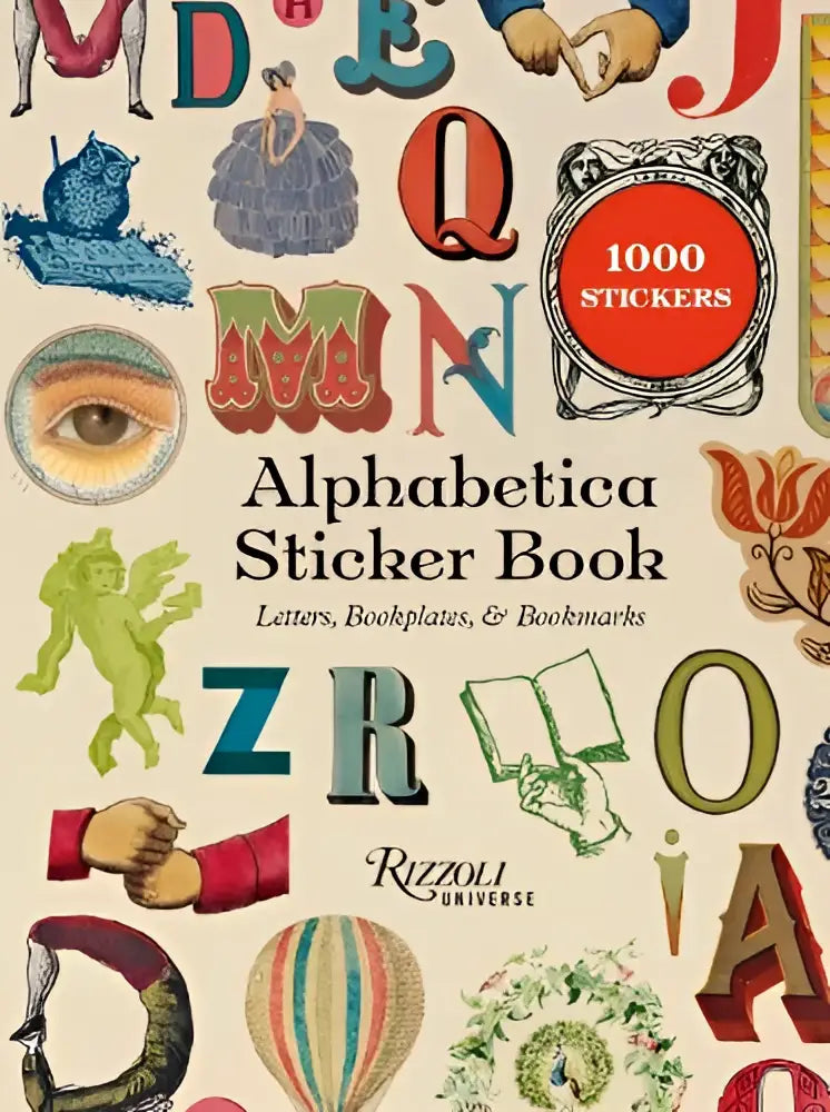 Alphabetica sticker book with 1000 colorful vintage-style stickers featuring letters and bookmarks for booklovers