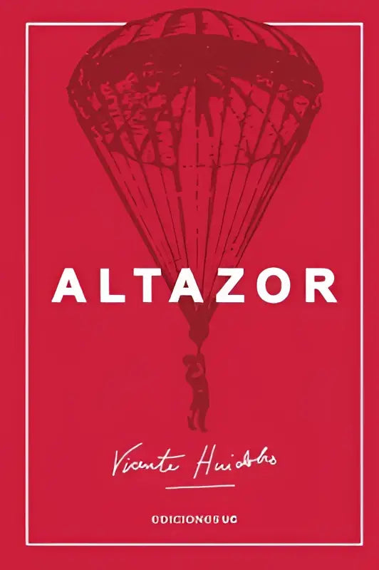Rode boekcover van altazor met een zwarte lijntekening van een parachute en een hangend figuur