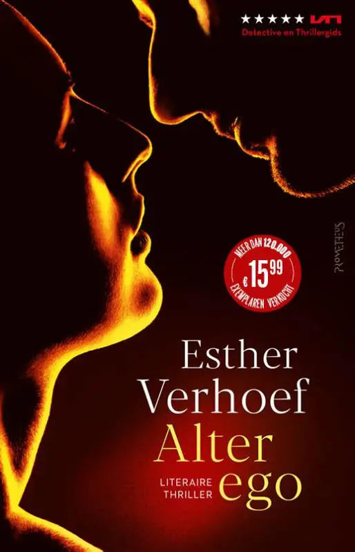 De boekcover van alter ego door esther verhoef toont een warmgetinte silhouet van twee gezichten in profiel
