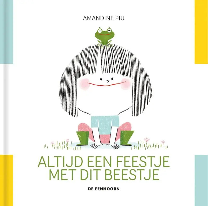 A charming children’s book cover with a cartoon girl in green boots and a frog for jonge lezers titled Altijd een feestje met dit beestje