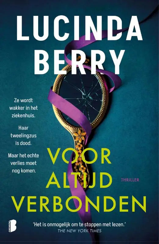 Een gouden handspiegel met gebarsten glas en bloemrijke details, omwikkeld met een paarse lint voor lucinda berry