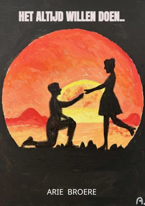 Een schilderij het altijd willen doen met een silhouet van een man die een ring aanbiedt tegen een oranje gele zonsondergang