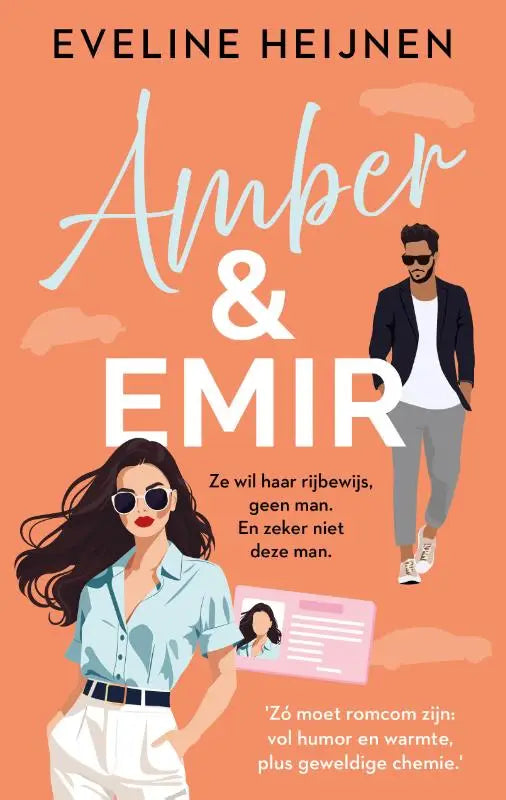 De boekcover van amber & emir door eveline heijnen toont een gestileerde illustratie van twee personages op een oranje achtergrond