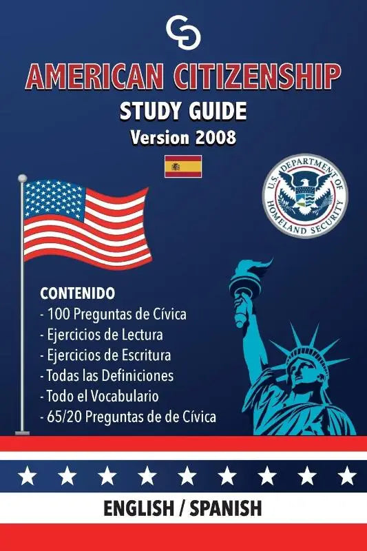 Amerikaanse burgerschapsstudiegids versie 2008 tweetalig engels spaans met donkerblauwe omslag en usa-uitbeelding van casi gringos