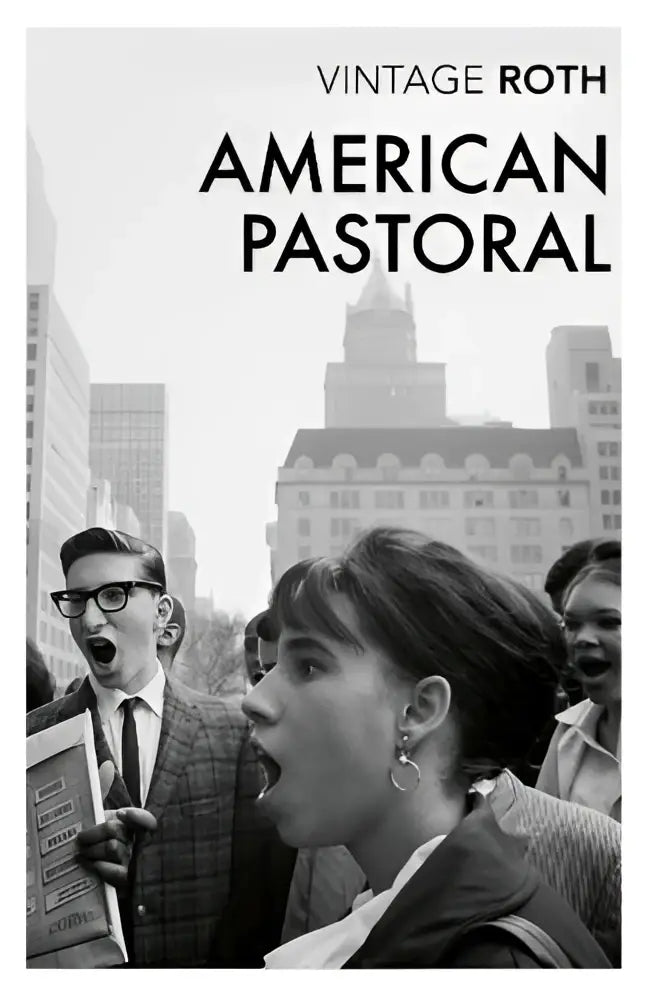 Vintage classics american pastoral book cover by philip roth in black and white with man holding newspaper beside woman with hoop earrings