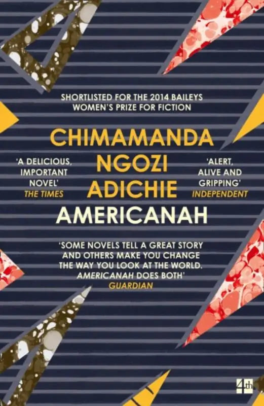 Boekcover van Americanah door Chimamanda Ngozi Adichie met donkerblauwe achtergrond en gele diagonale strepen