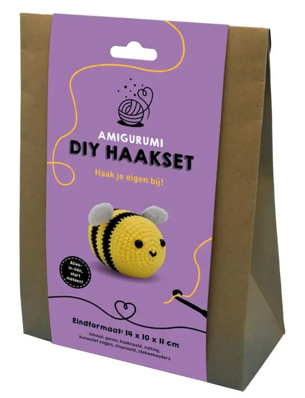Paars en bruin samengesteld pakket met amigurumi diy haakset voor bijen haken in de diy haakset serie