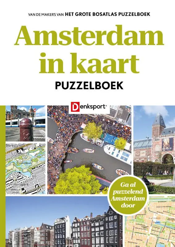 Het Amsterdam in kaart puzzelboek van Denksport toont een kleurrijke kaart van Amsterdam voor educatief puzzelplezier