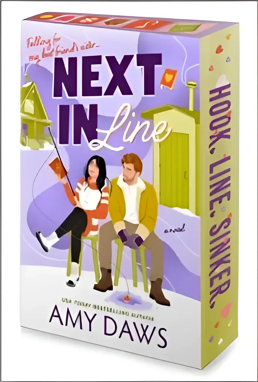 De boekcover van next in line door amy daws toont verboden liefde met twee karakters en vissen, onderdeel van Amy Daws Wait With Me set