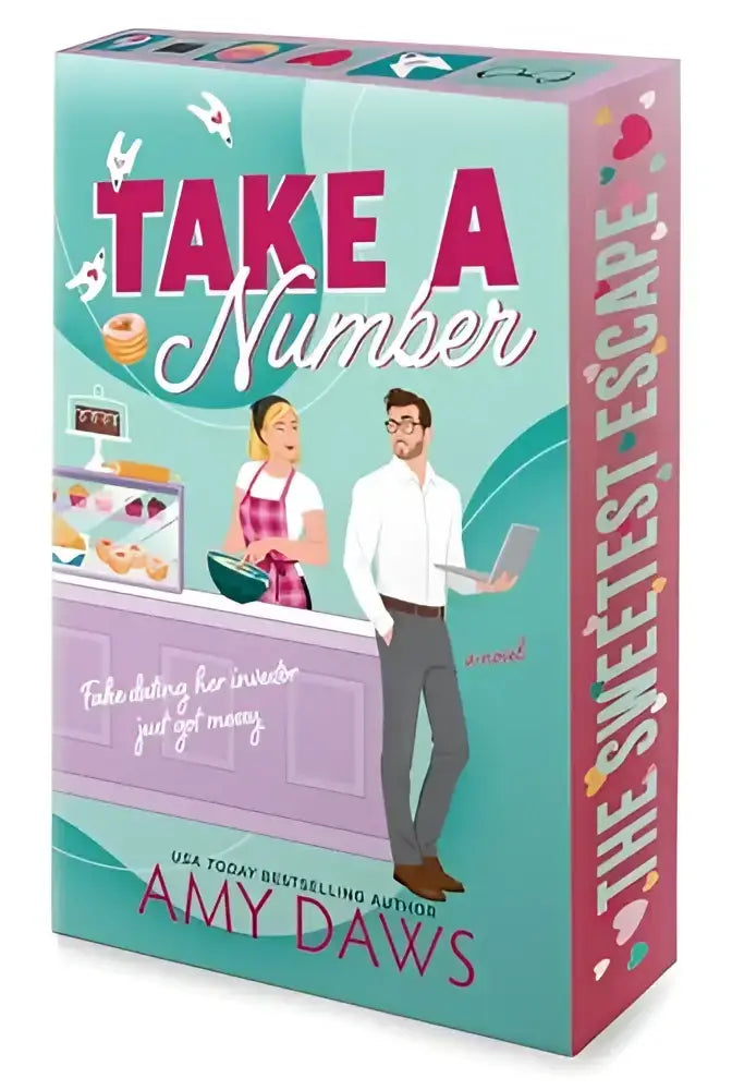 Teal en roze boekbox met geïllustreerde kaft van take a number door amy daws in amy daws wait with me complete set met verboden liefde en max fletcher