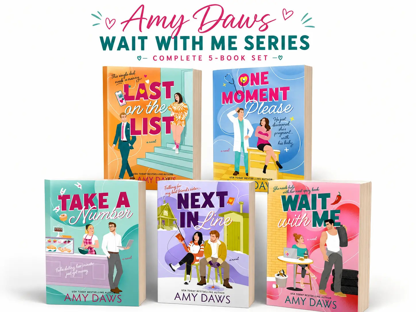 De complete vijfdelige amy daws wait with me serie met kleurrijke covers bevat verboden liefde en max fletcher thema’s