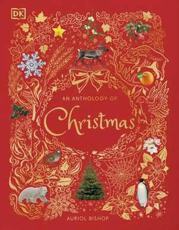 A vibrant red cover of an anthology of christmas with gold illustrations of reindeer penguins and a tree for jonge lezers