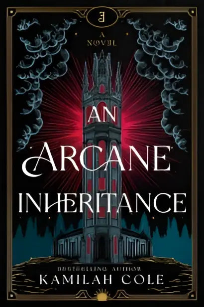 De boekomslag van an arcane inheritance toont een gotische toren in zwart en teal met rood licht in een dark academia fantasy setting