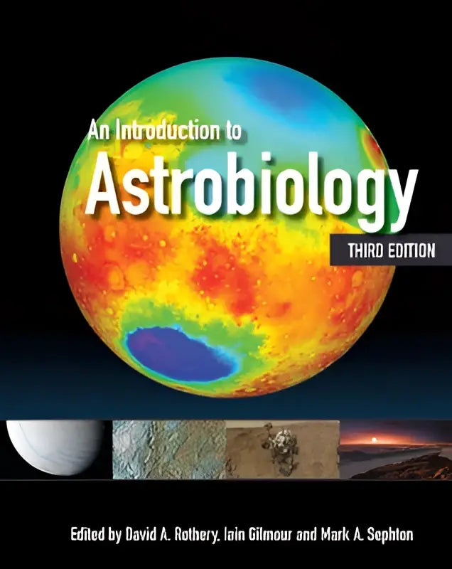 De kleurrijke boekomslag van an introduction to astrobiology toont een planeet met oranje en blauwe tinten over oorsprong en aard van leefbare omgevingen