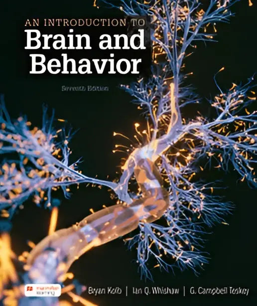 De voorkant van an introduction to brain and behavior zevende editie toont een gloeiend neuraal netwerkmotief tegen een donkere achtergrond