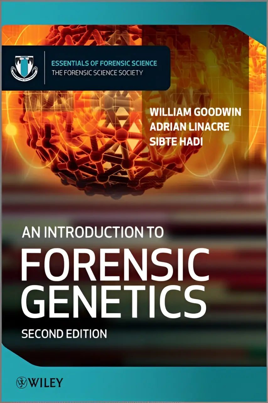 De boekomslag van an introduction to forensic genetics toont een levendige moleculaire structuur in oranje en rood tegen een turquoise achtergrond voor diepgaandere forensic genetics kennis