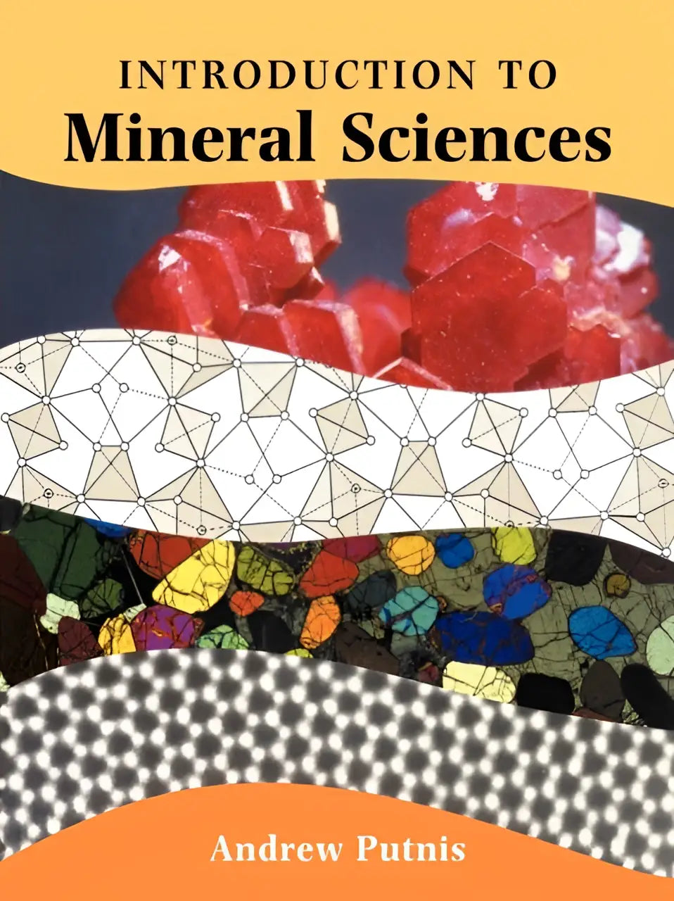 De cover van introduction to mineral sciences toont rode kristallen boven een geometrisch patroon en kleurrijke gesteenten