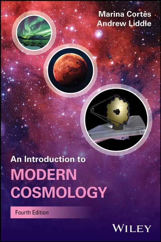 De boekomslag van introduction to modern cosmology 4th edition toont een kosmisch ontwerp met aurora borealis mars en james webb ruimtetelescoop