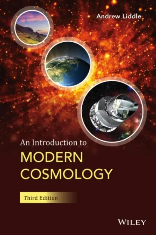 De boekomslag van an introduction to modern cosmology derde editie door andrew liddle toont een kosmisch ontwerp met vurige oranje en rode tinten
