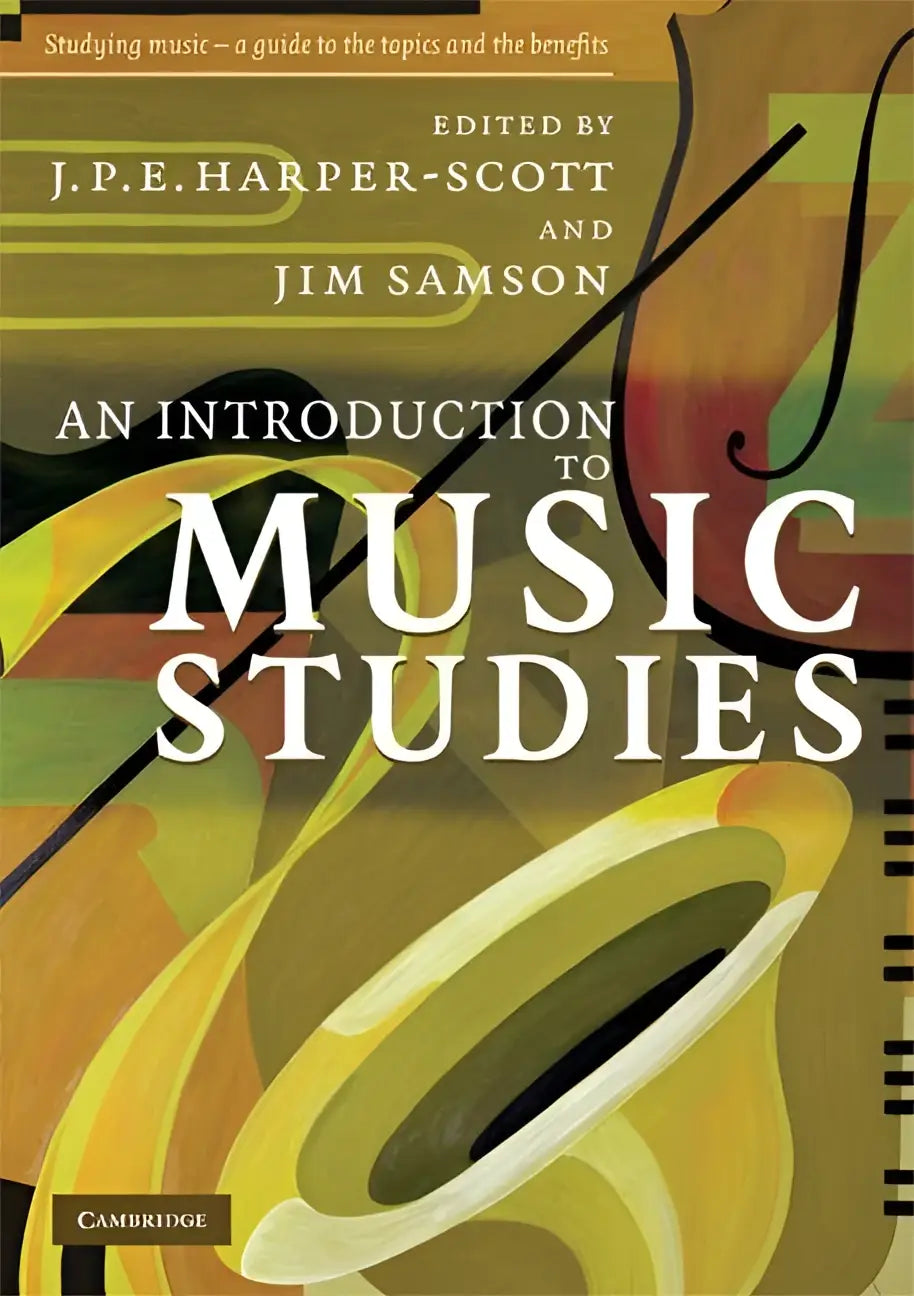 De boekcover van an introduction to music studies toont witte tekst op een abstracte achtergrond met gele, groene en bruine tinten