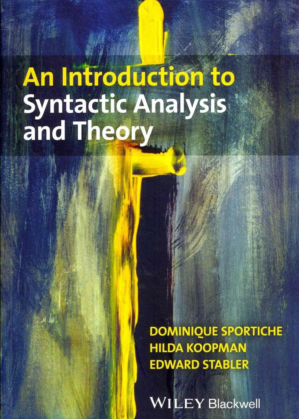 De boekcover toont een abstract schilderij met gele en blauwe penseelstreken voor An introduction to syntactic analysis and theory