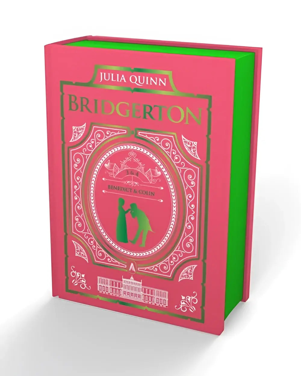 Pink hardcover boek met groene rug en goudfolie titel bridgerton van julia quinn voor an offer from a gentleman romancing mister bridgington