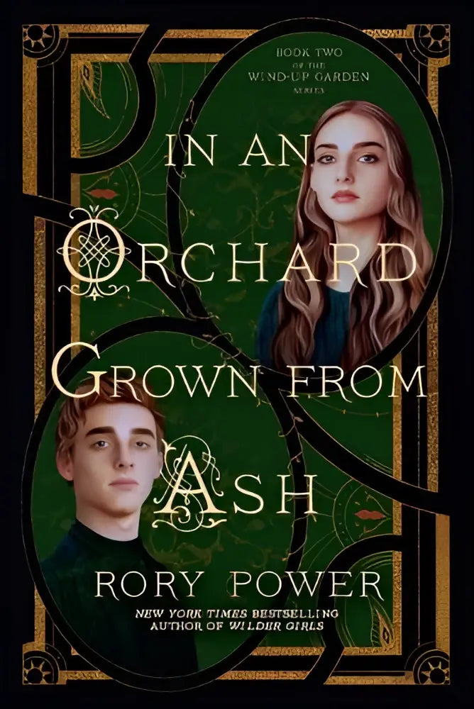 Groene boekomslag met gouden sierlijke rand en portretten van twee personages voor orchard grown from ash roman