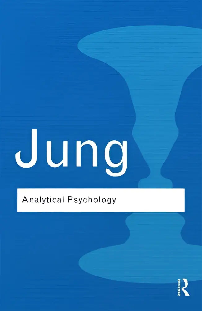 Blauw boek met de titel jung en ondertitel analytical psychology zijn theory and practice met gestileerde lichte blauwe silhouetontwerp