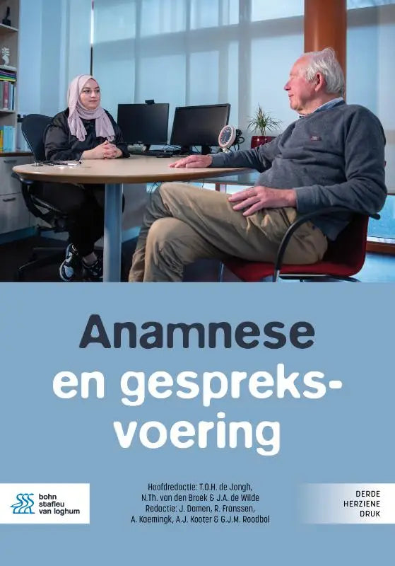 De boekcover van anamnese en gespreksvoering door bsl media toont een lichtblauwe achtergrond met zwarte en witte tekst gericht op specialistische geneeskunde